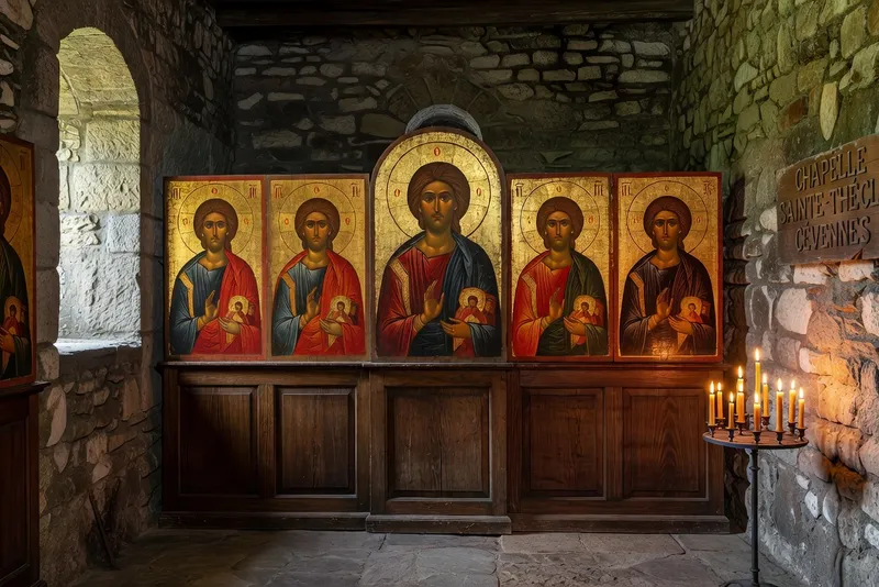 Icones orthodoxes peintes sur iconostase de la chapelle du skite